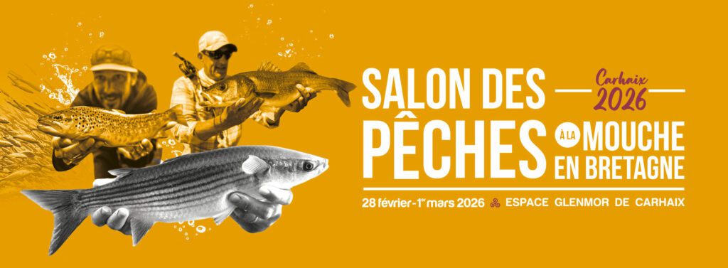Affiche en bandeau du Salon des pêches à la mouche en Bretagne. On y voit trois pêcheurs avec trois types de poissons : truite, bar et mulet