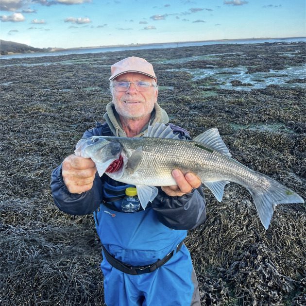 Un pêcheur tiens un bar pêché avec le technique de la pêche du bar à la mouche avec Pesketa